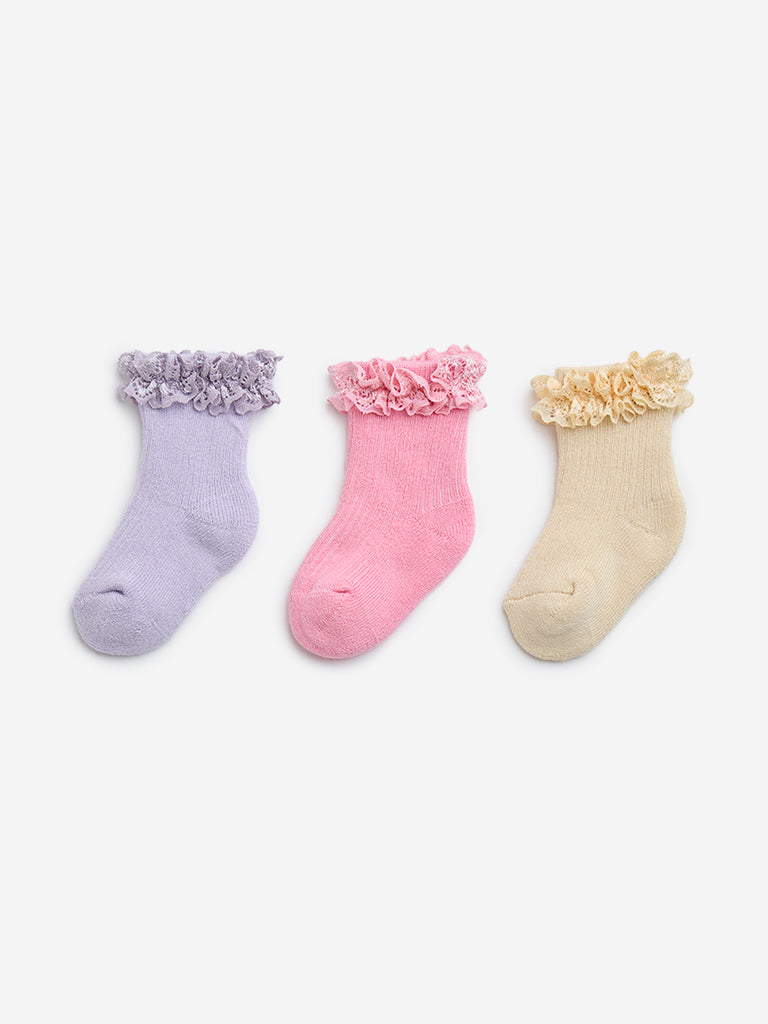 HOP Baby Multicolour Ruffled Cotton-Blend Socks - Pack of 3