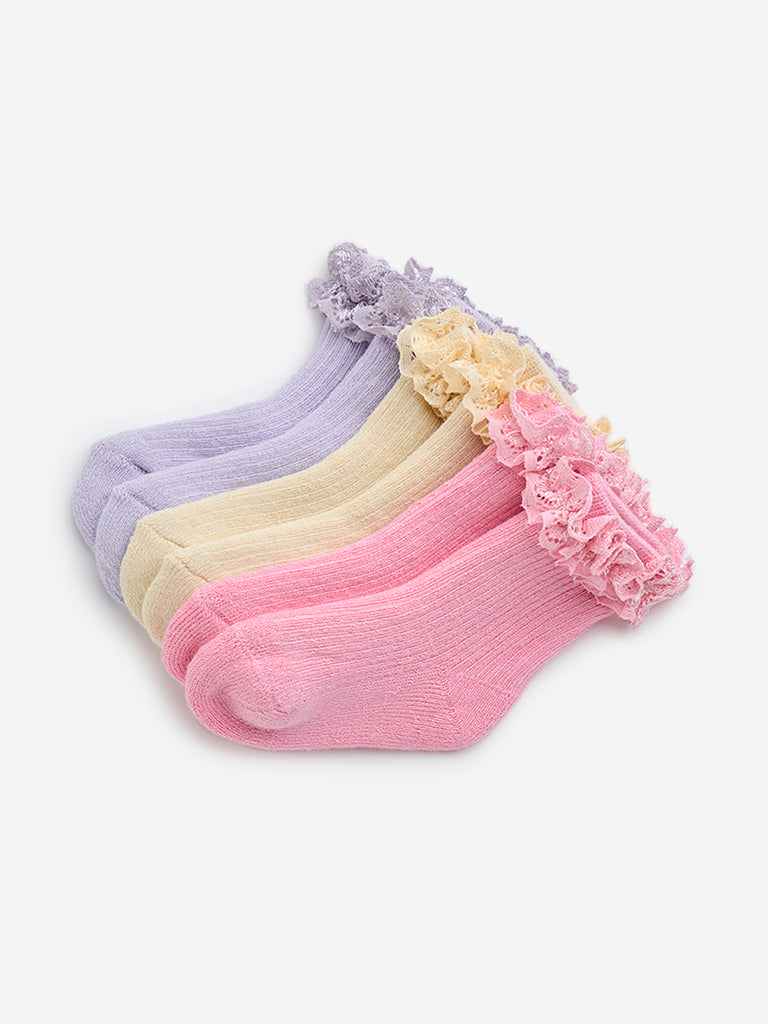 HOP Baby Multicolour Ruffled Cotton-Blend Socks - Pack of 3 - Image 2
