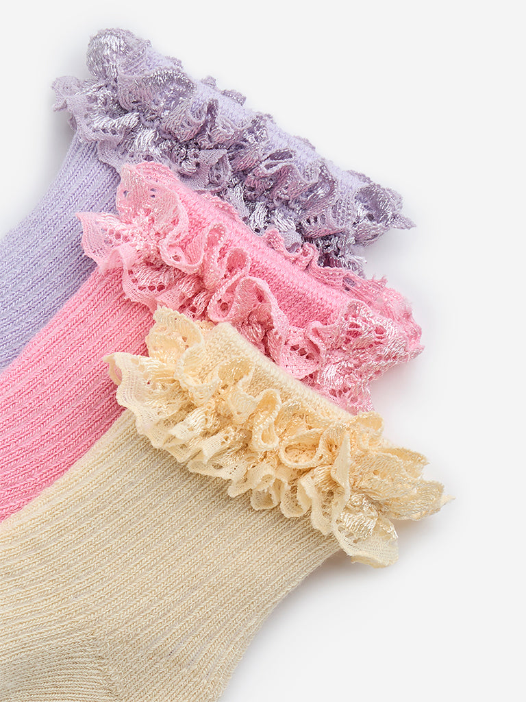 HOP Baby Multicolour Ruffled Cotton-Blend Socks - Pack of 3 - Image 3