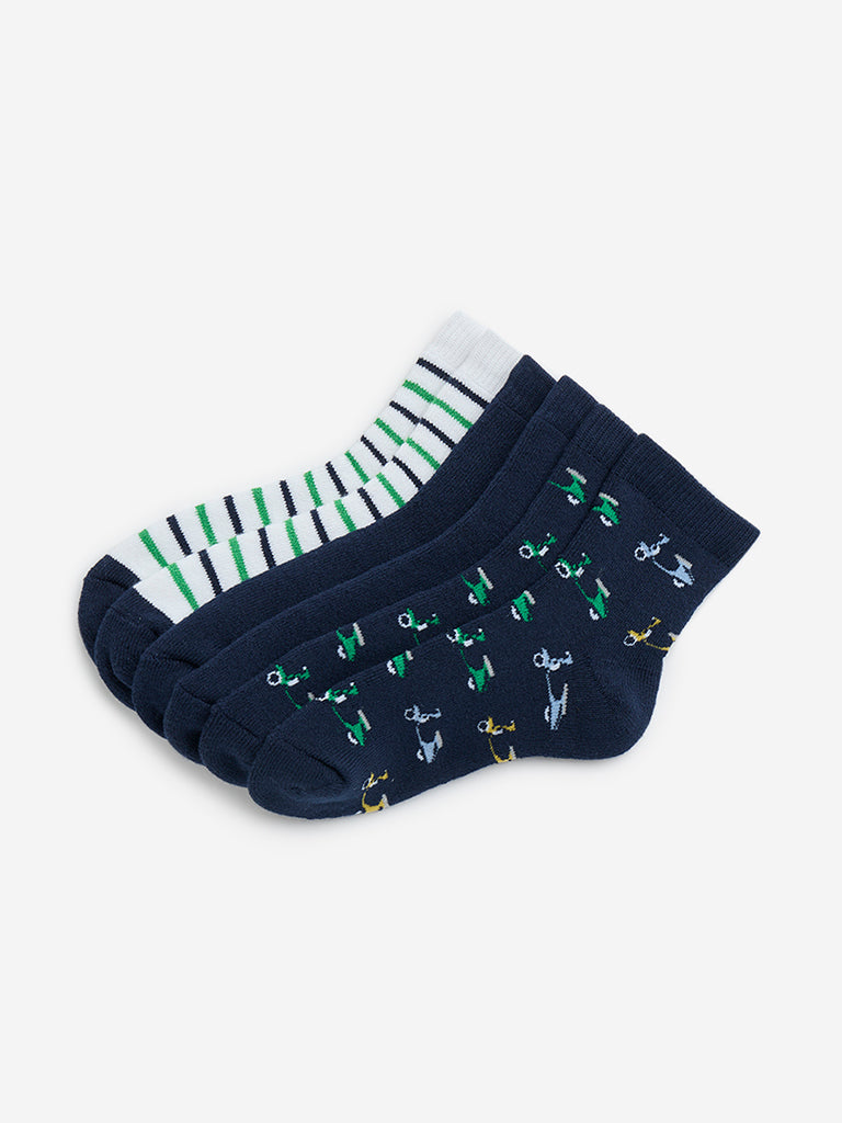 HOP Kids Navy Scooter Printed Cotton-Blend Socks - Pack of 3 - Image 2
