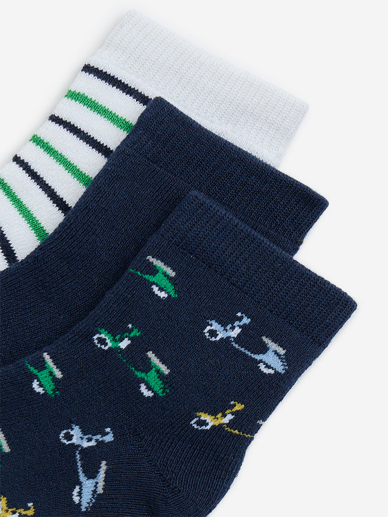 HOP Kids Navy Scooter Printed Cotton-Blend Socks - Pack of 3 - Image 3