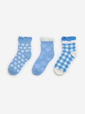 HOP Kids Blue Printed Cotton-Blend Socks - Pack of 3