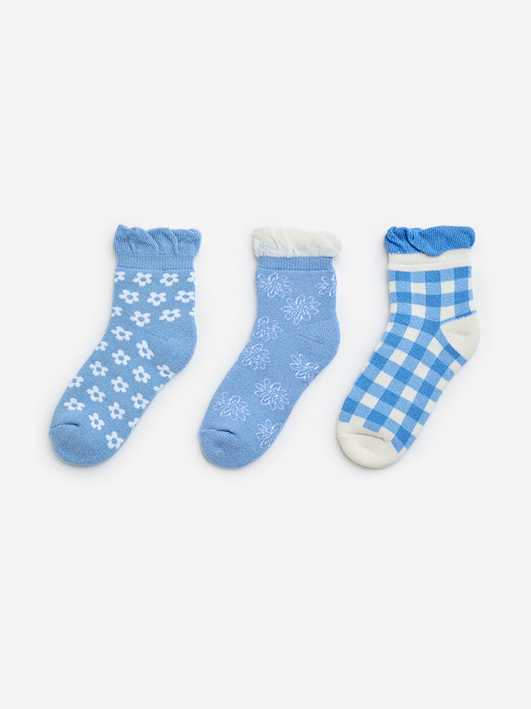 HOP Kids Blue Printed Cotton-Blend Socks - Pack of 3