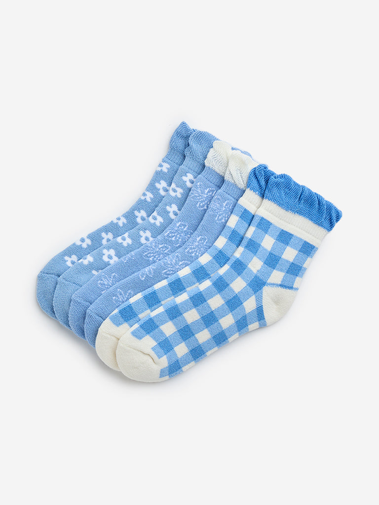 HOP Kids Blue Printed Cotton-Blend Socks - Pack of 3 - Image 2