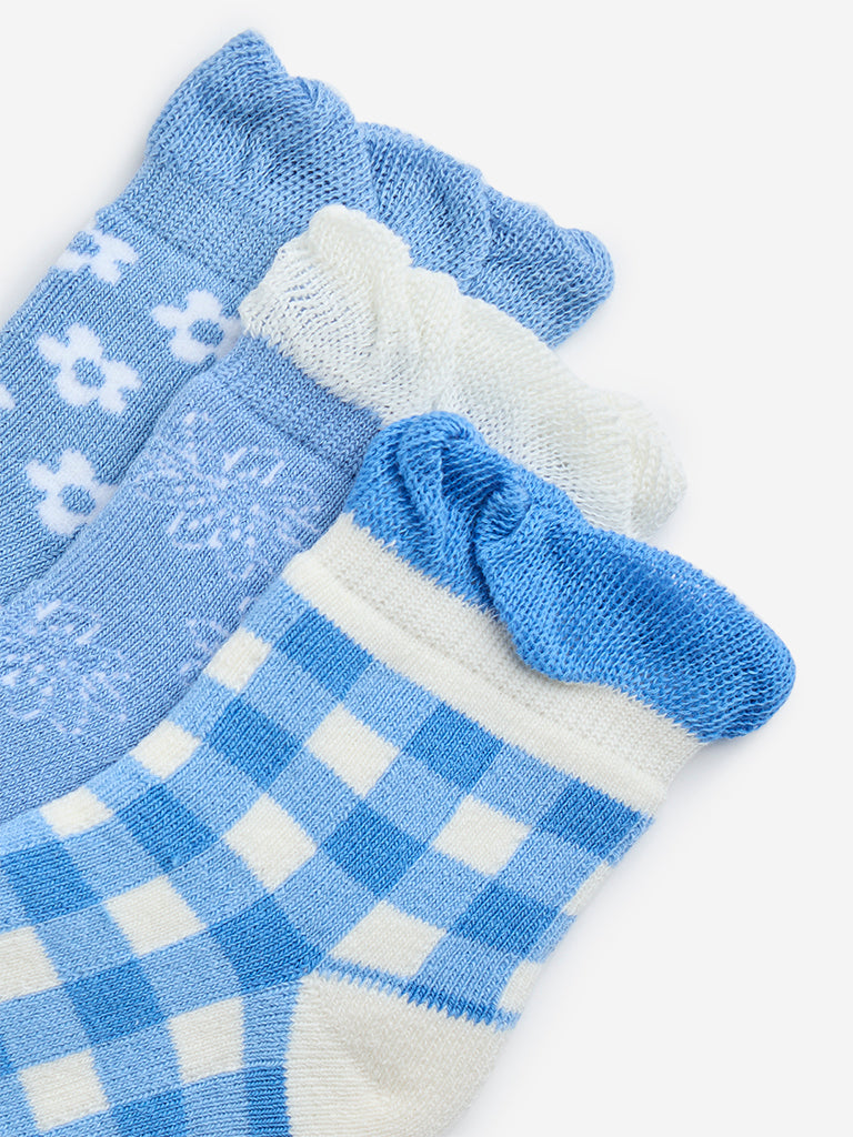 HOP Kids Blue Printed Cotton-Blend Socks - Pack of 3 - Image 3