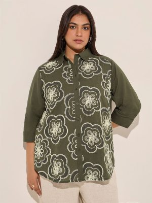 Gia Olive Floral Embroidered Cotton-Blend Shirt