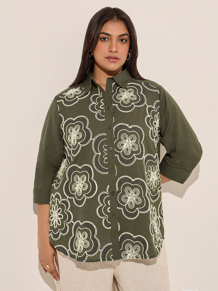 Gia Olive Floral Embroidered Cotton-Blend Shirt