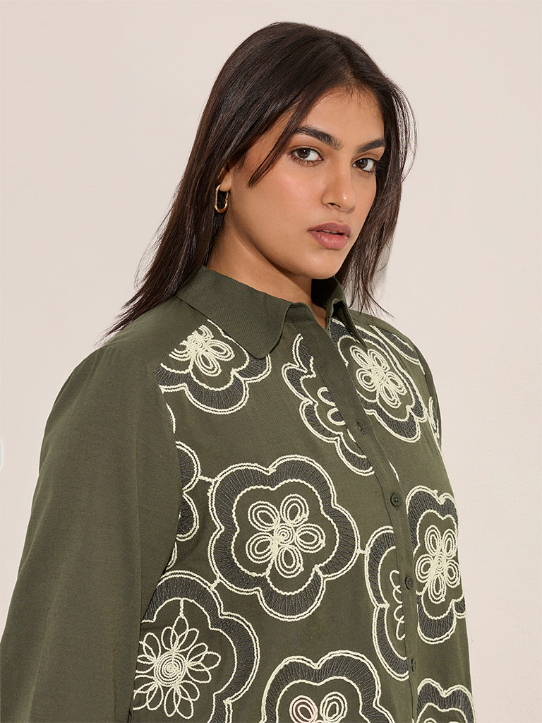 Gia Olive Floral Embroidered Cotton-Blend Shirt - Image 2
