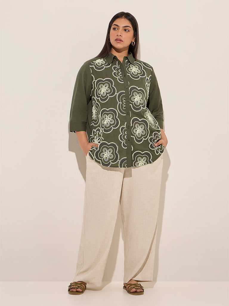 Gia Olive Floral Embroidered Cotton-Blend Shirt - Image 3