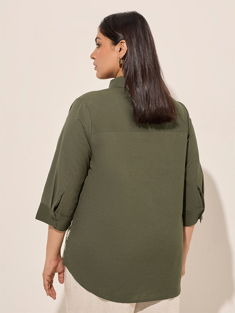 Gia Olive Floral Embroidered Cotton-Blend Shirt - Image 4