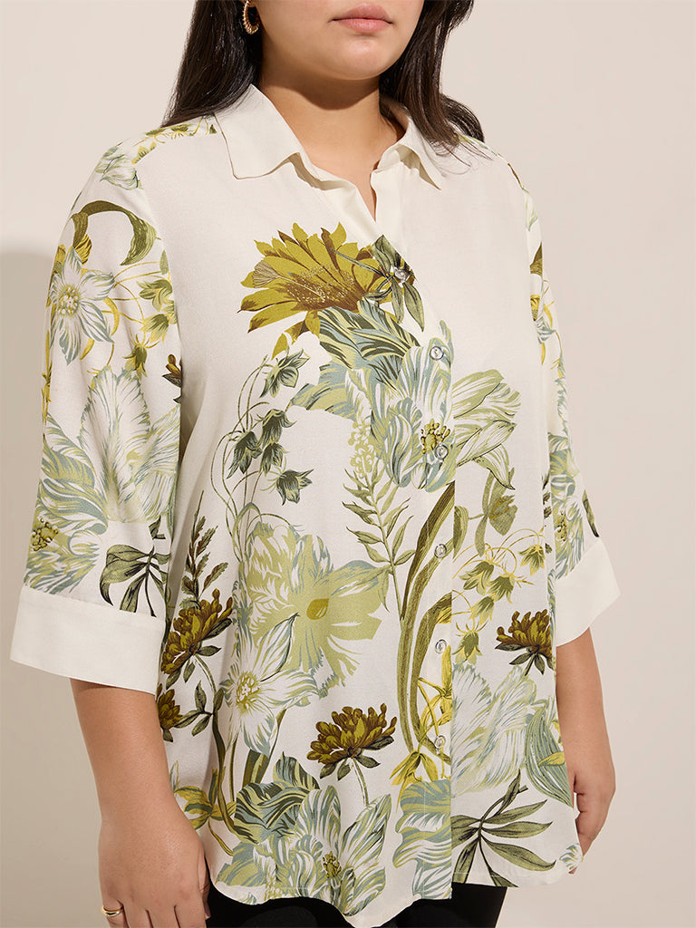 Gia Olive Floral Printed Cotton Shirt - Image 2