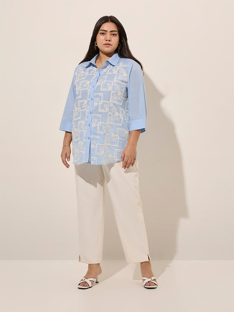 Gia Light Blue Embroidered Cotton Shirt - Image 3