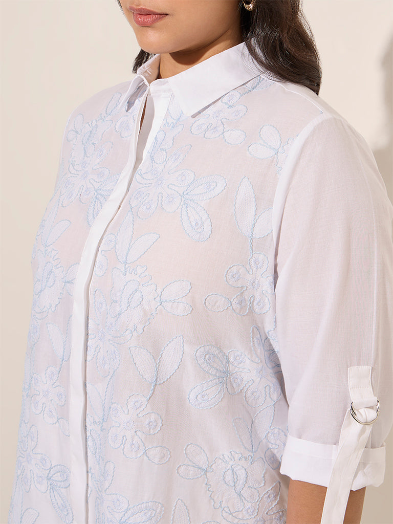 Gia White Floral Embroidered High-Low Cotton Shirt - Image 2