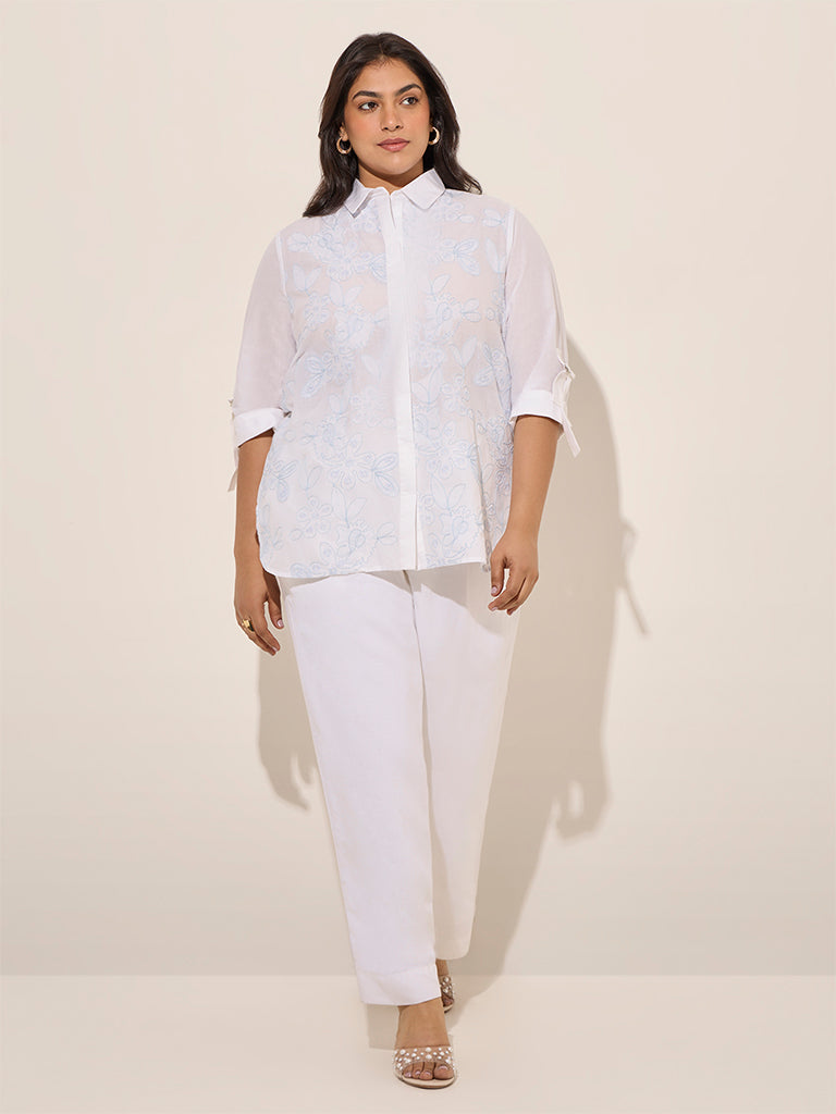 Gia White Floral Embroidered High-Low Cotton Shirt - Image 3
