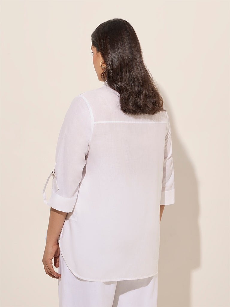 Gia White Floral Embroidered High-Low Cotton Shirt - Image 4