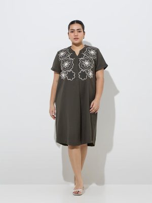 Gia Olive Floral Embroidered Cotton-Blend Straight Dress