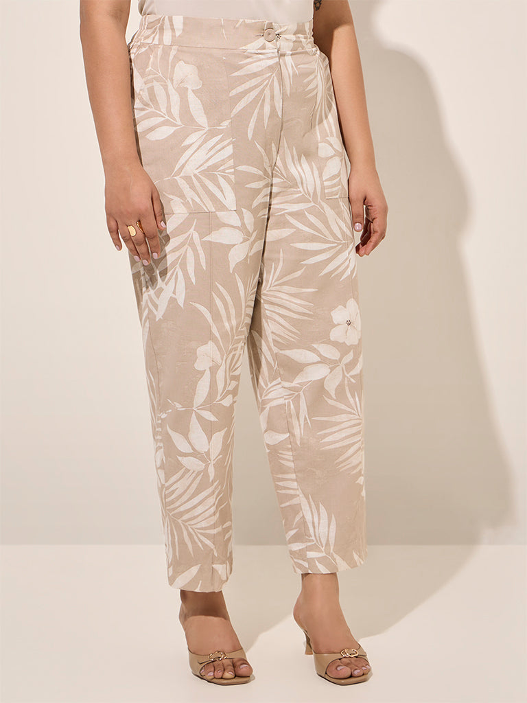 Gia Beige Botanical Print Mid-Rise Cotton-Blend Pants - Image 3
