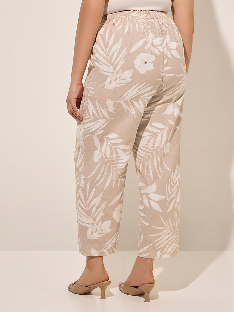 Gia Beige Botanical Print Mid-Rise Cotton-Blend Pants - Image 4