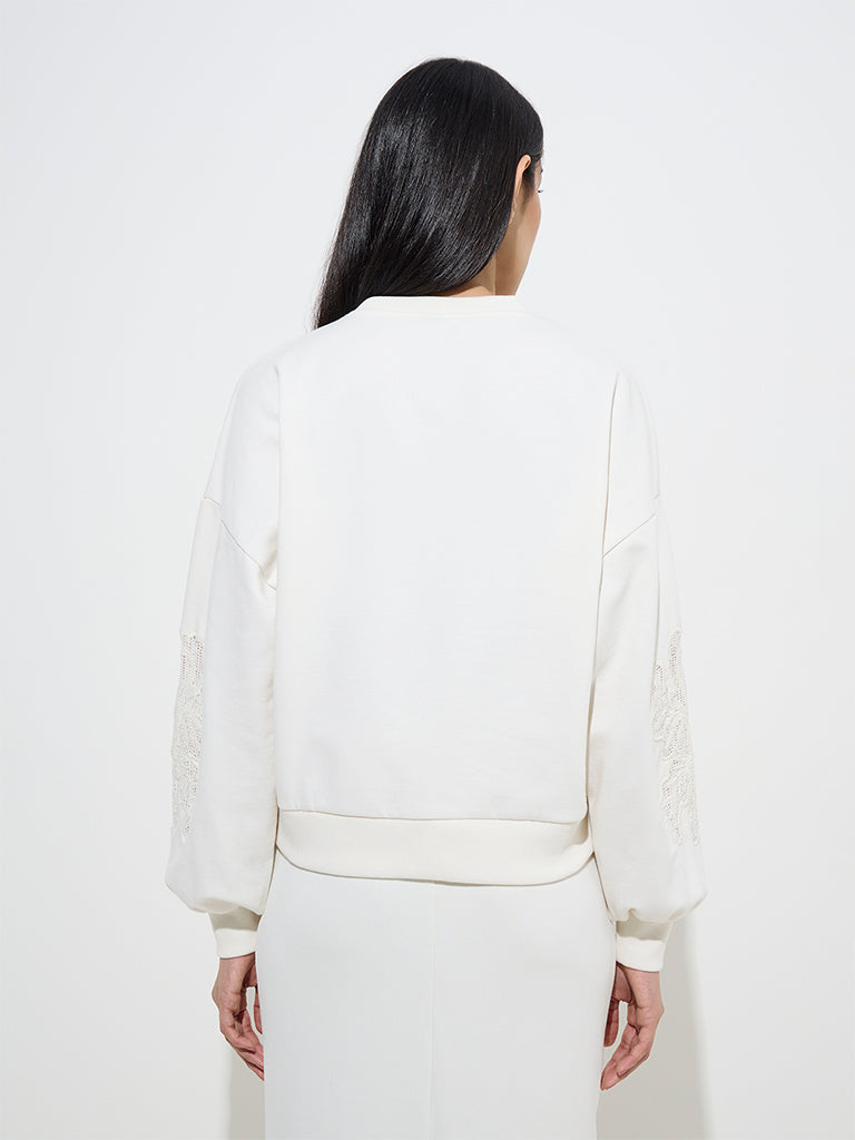 LOV Off-White Embroidered Cotton-Blend Sweatshirt - Image 4