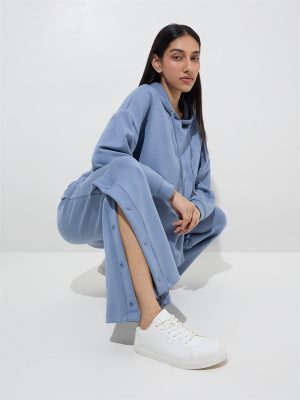 LOV Dusty Blue Wide-Leg High-Rise Track Pants