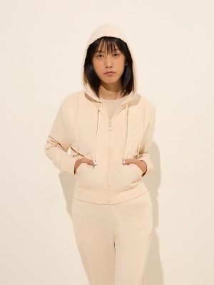 Studiofit Off-White Solid Hooded Cotton Hoodie