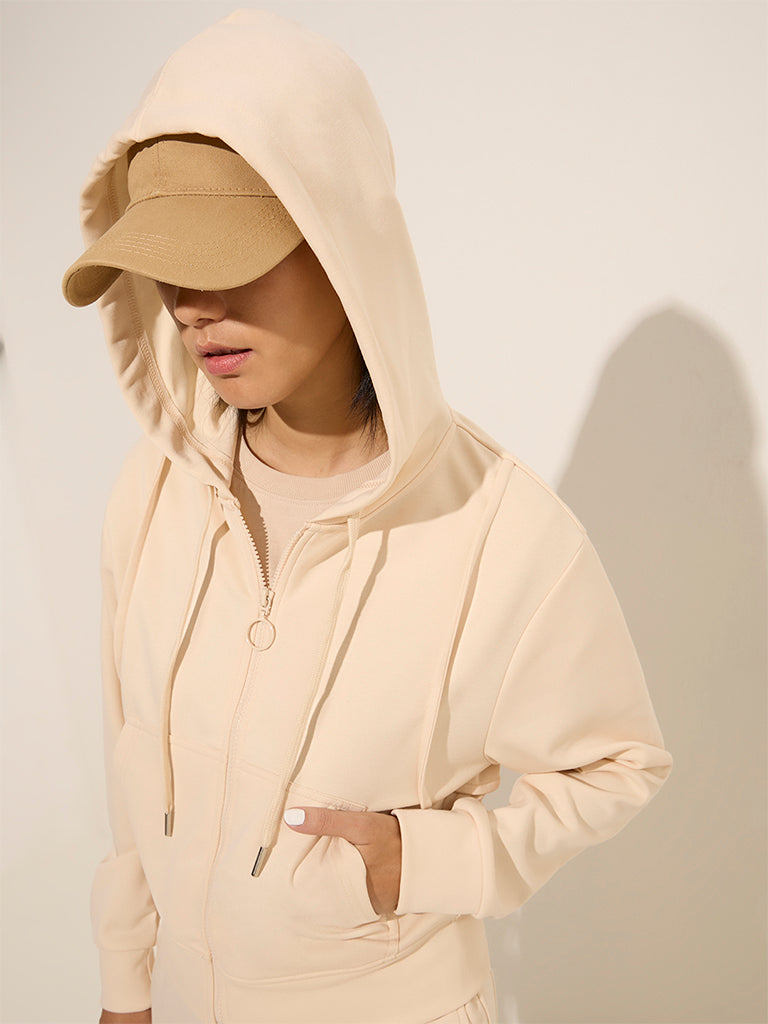 Studiofit Off-White Solid Hooded Cotton Hoodie - Image 2