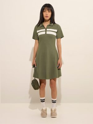 Studiofit Olive Ribbed A-Line Skater Cotton-Blend Dress