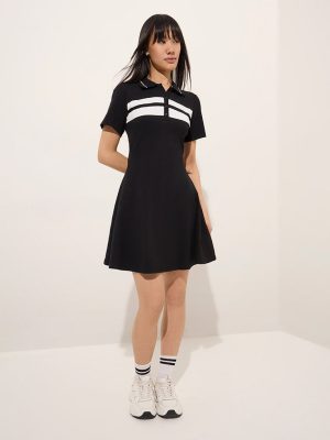 Studiofit Black Contrast Detailed Cotton-Blend Skater Dress