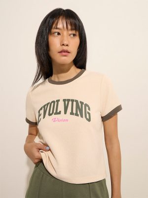 Studiofit Beige Text Printed Waffle-Textured T-Shirt