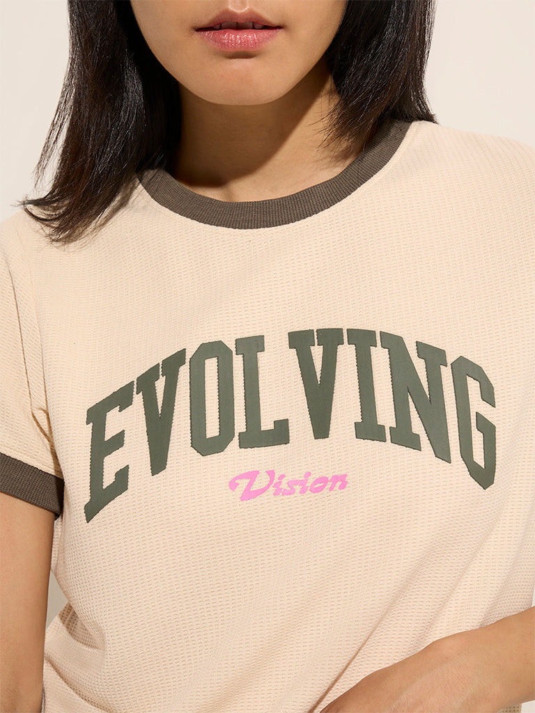 Studiofit Beige Text Printed Waffle-Textured T-Shirt - Image 2