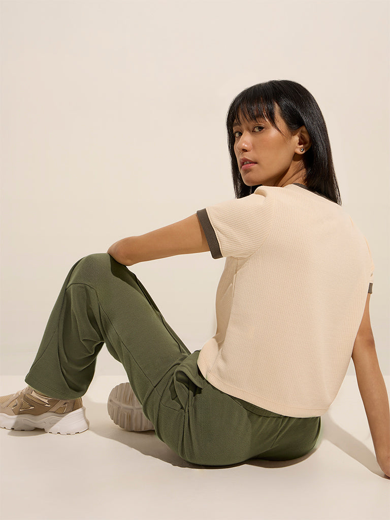 Studiofit Beige Text Printed Waffle-Textured T-Shirt - Image 4