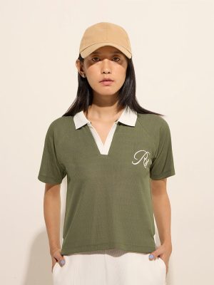 Studiofit Olive Ribbed Cotton Polo T-Shirt