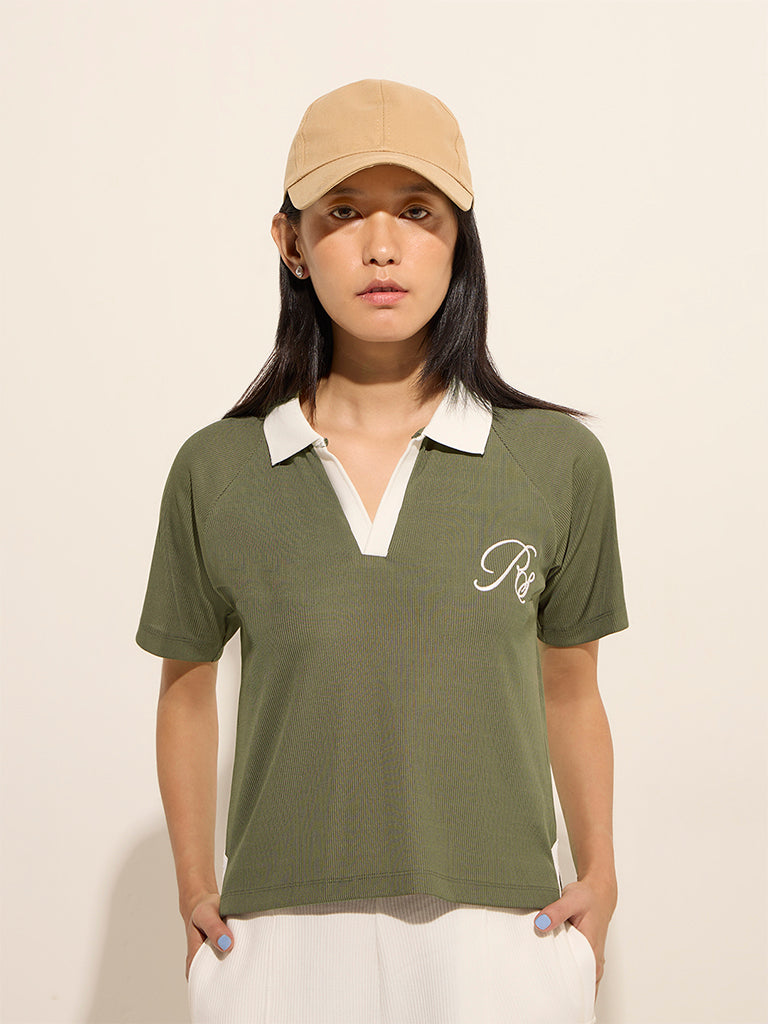 Studiofit Olive Ribbed Cotton Polo T-Shirt