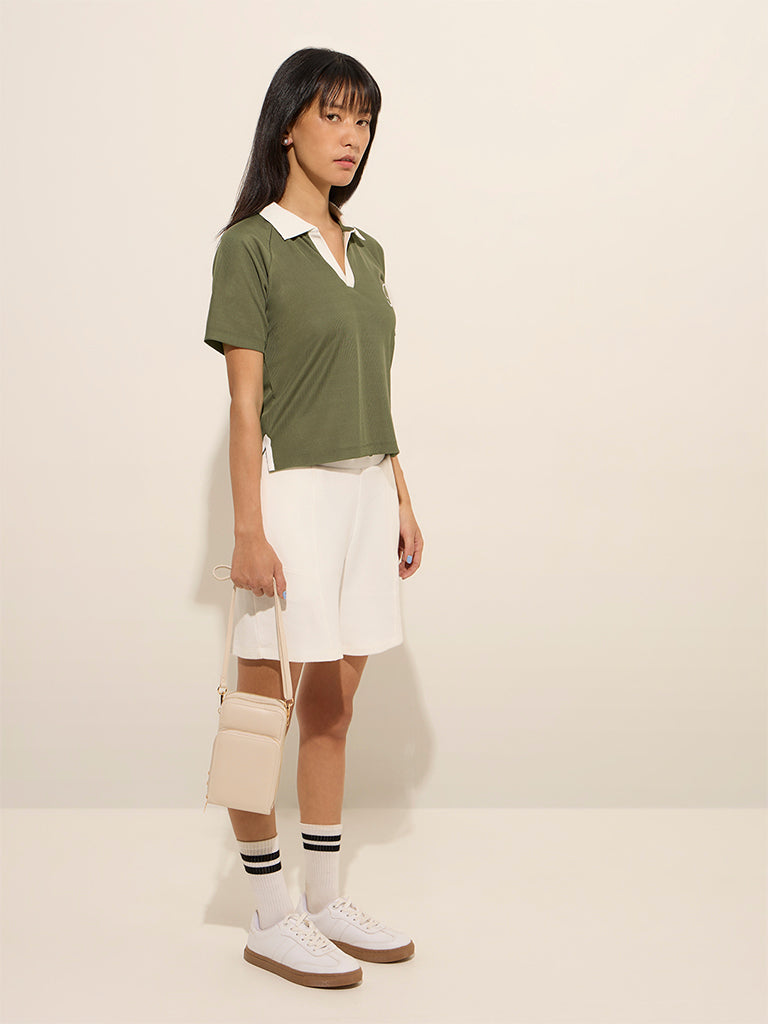 Studiofit Olive Ribbed Cotton Polo T-Shirt - Image 3