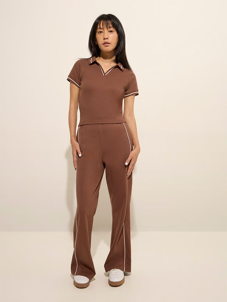 Studiofit Brown Ribbed Cotton-Blend T-Shirt - Image 3