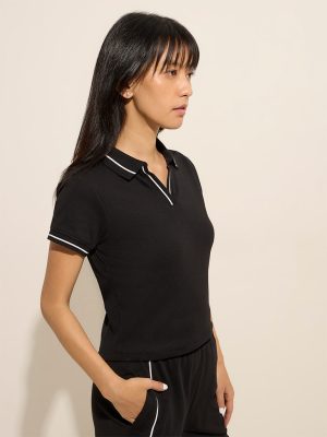 Studiofit Black Ribbed Cotton-Blend T-Shirt