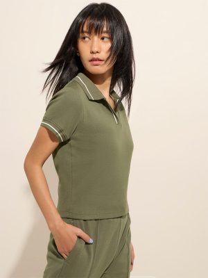 Studiofit Olive Ribbed Cotton-Blend T-Shirt