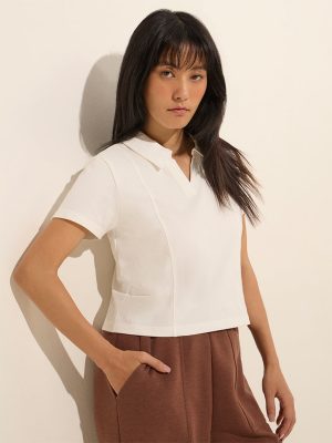 Studiofit White Cotton-Blend Polo T-Shirt