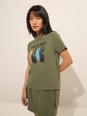Studiofit Olive Printed Cotton T-Shirt
