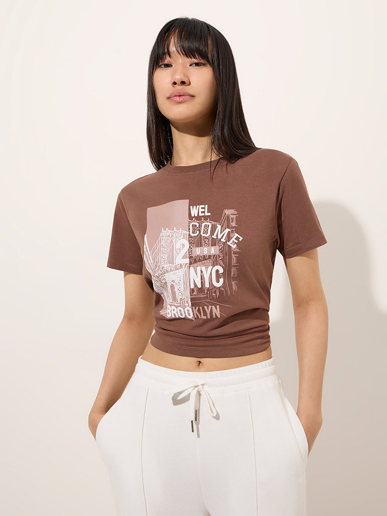 Studiofit Brown Cityscape-Inspired Cotton T-Shirt