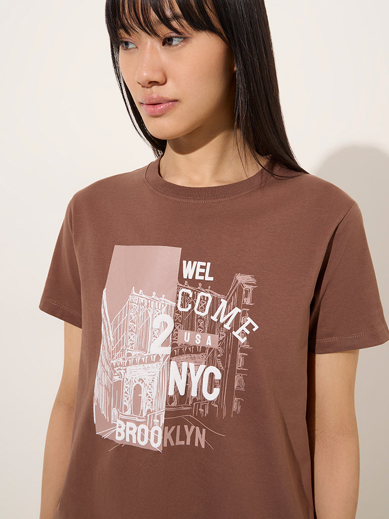 Studiofit Brown Cityscape-Inspired Cotton T-Shirt - Image 2