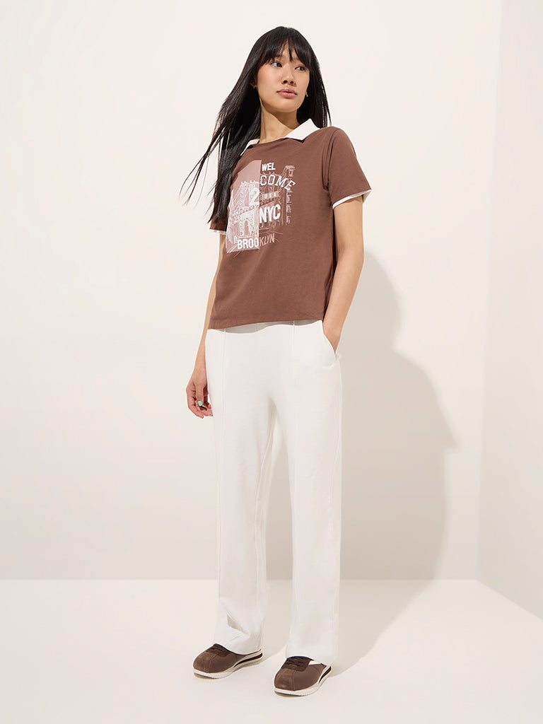 Studiofit Brown Cityscape-Inspired Cotton T-Shirt - Image 3