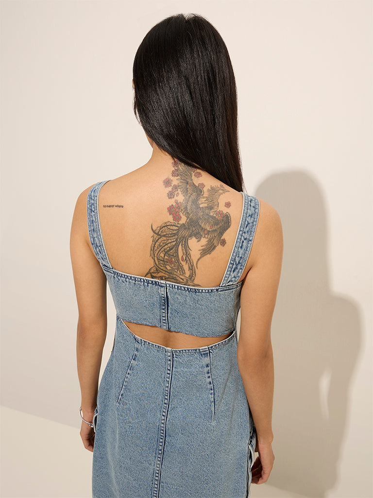 Nuon Blue Cut-Out Detailed A-Line Denim Dress - Image 2