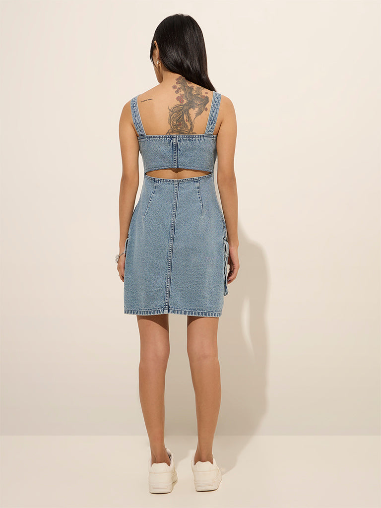 Nuon Blue Cut-Out Detailed A-Line Denim Dress - Image 4