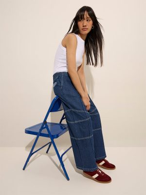 Nuon Dark Blue Text Design Relaxed-Fit High-Rise Jeans