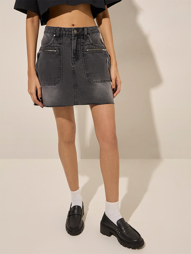 Nuon Grey Washed High-Rise Denim Skirt - Image 3