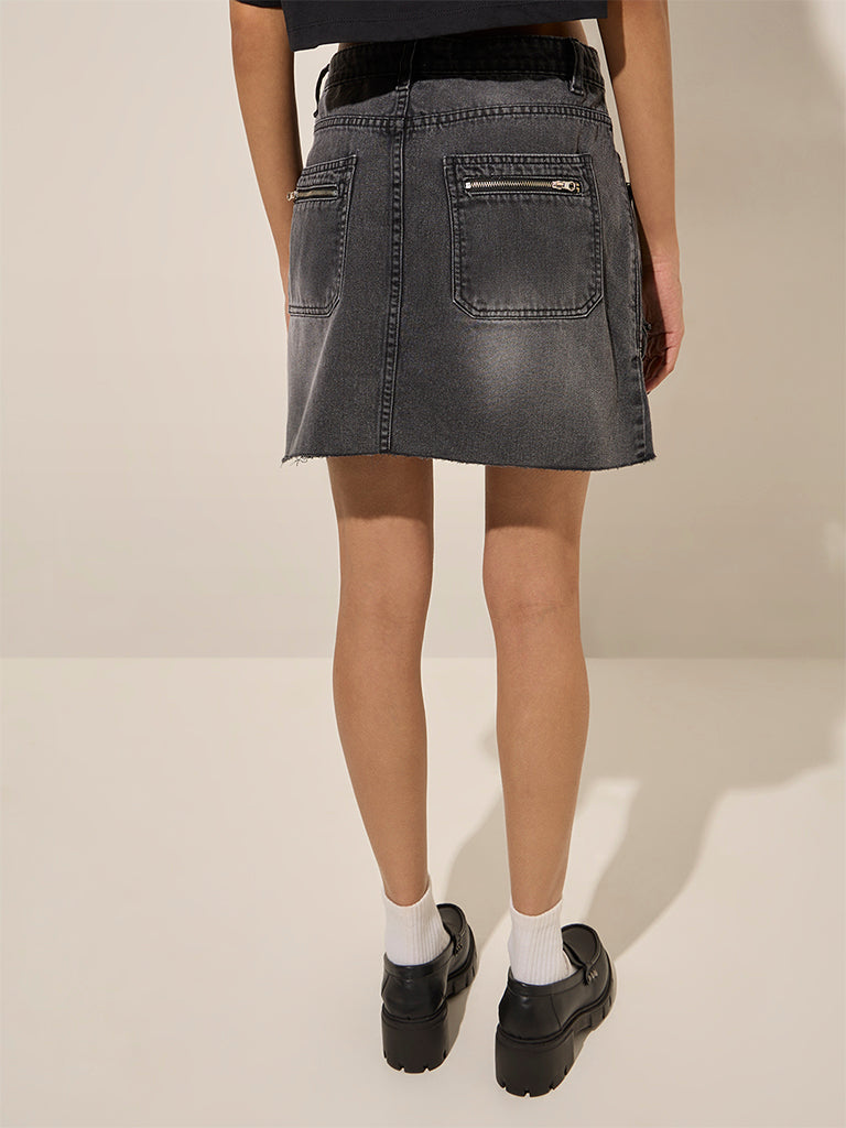 Nuon Grey Washed High-Rise Denim Skirt - Image 4