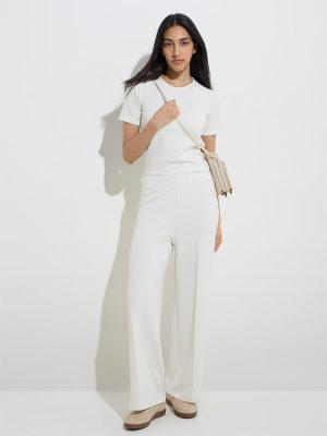 LOV Off-White Solid High-Rise Pants