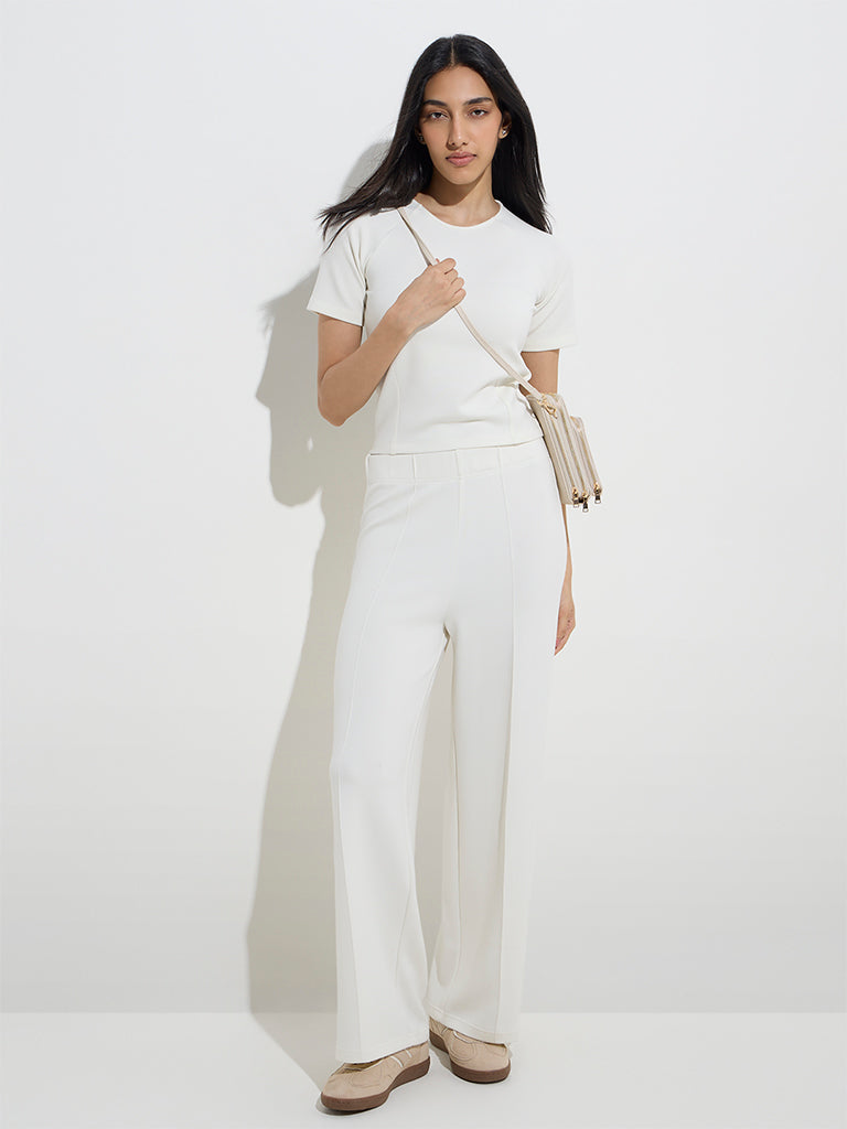 LOV Off-White Solid High-Rise Pants
