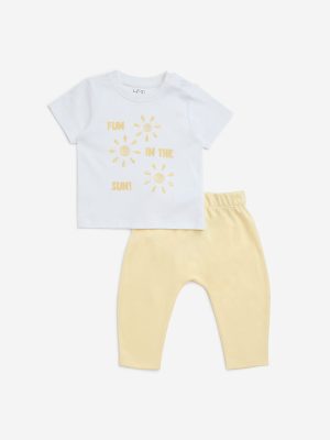 HOP Baby Yellow Text Printed Cotton T-Shirt with Pants Set